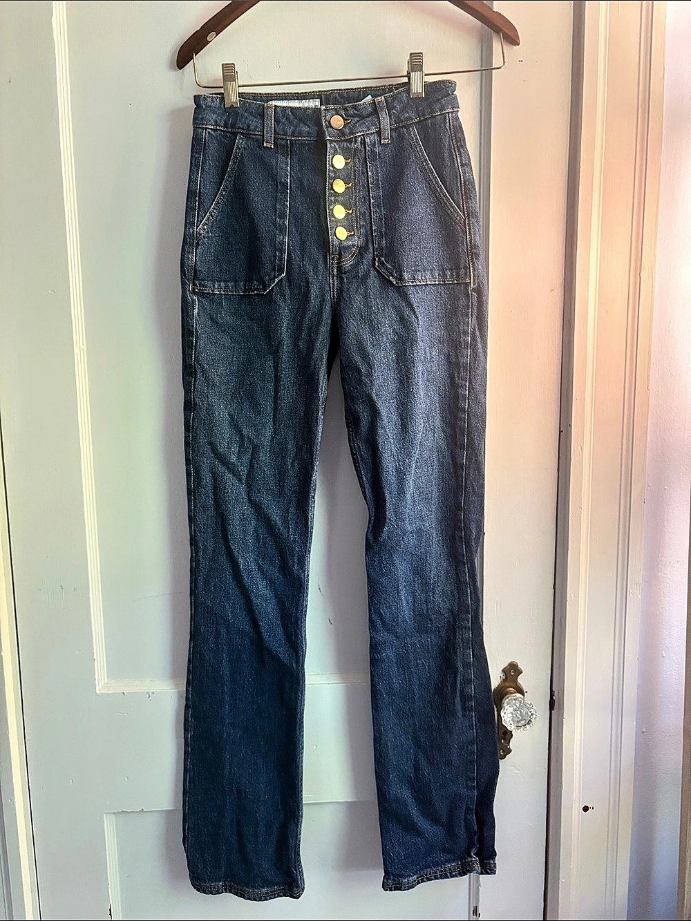 ZARA Straight Fit Jeans with Gold-Toned Buttons Blue US 2